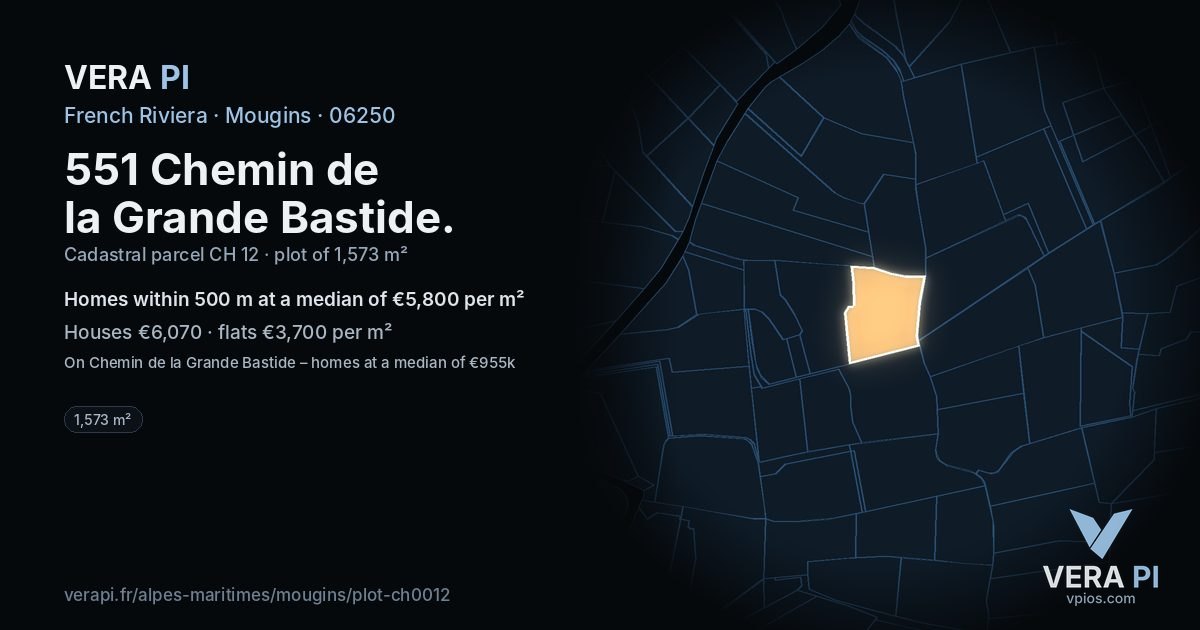 551 Chemin de la Grande Bastide, Mougins at night – the plot lit, the parcels around coloured by the prices near them