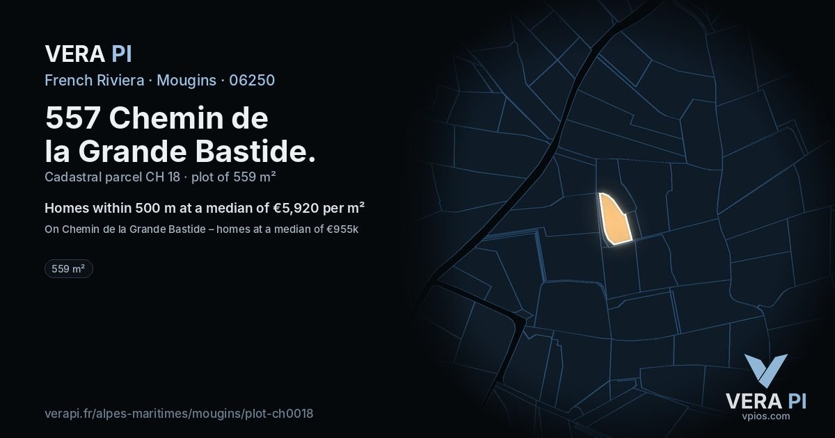557 Chemin de la Grande Bastide, Mougins at night – the plot lit, the parcels around coloured by the prices near them