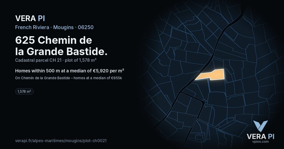 625 Chemin de la Grande Bastide, Mougins at night – the plot lit, the parcels around coloured by the prices near them