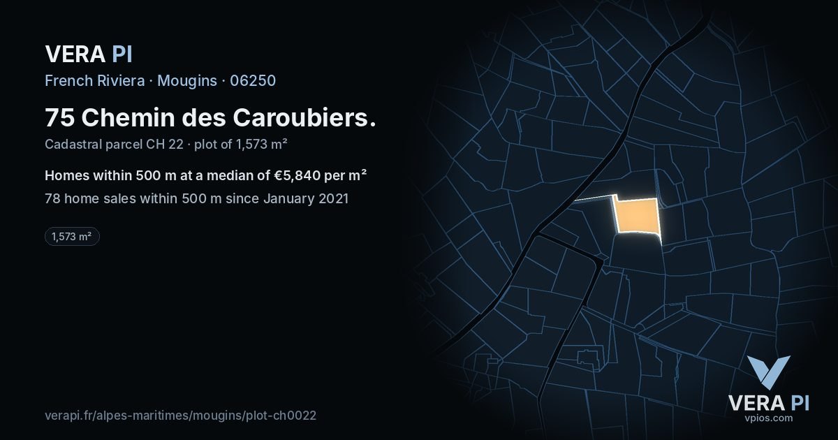 75 Chemin des Caroubiers, Mougins at night – the plot lit, the parcels around coloured by the prices near them