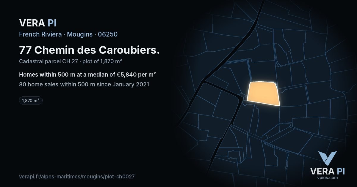 77 Chemin des Caroubiers, Mougins at night – the plot lit, the parcels around coloured by the prices near them