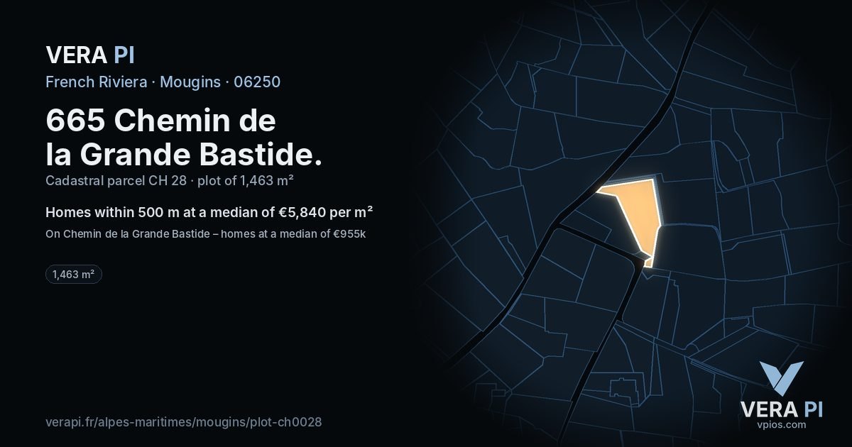 665 Chemin de la Grande Bastide, Mougins at night – the plot lit, the parcels around coloured by the prices near them