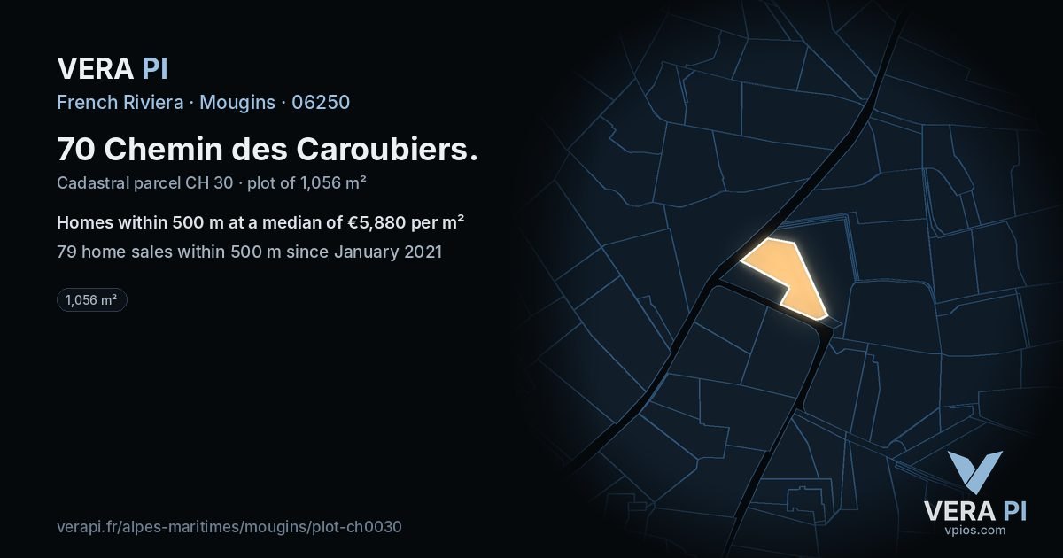 70 Chemin des Caroubiers, Mougins at night – the plot lit, the parcels around coloured by the prices near them