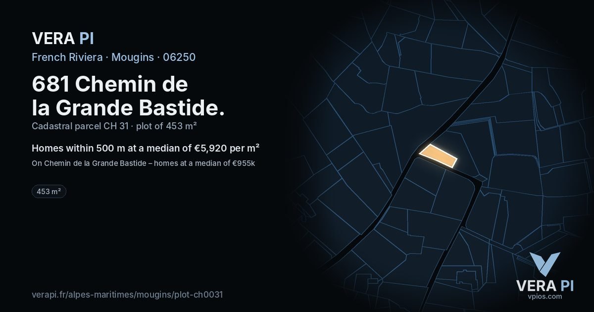 681 Chemin de la Grande Bastide, Mougins at night – the plot lit, the parcels around coloured by the prices near them