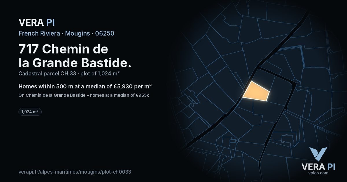 717 Chemin de la Grande Bastide, Mougins at night – the plot lit, the parcels around coloured by the prices near them