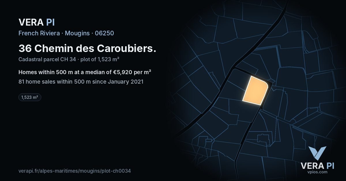 36 Chemin des Caroubiers, Mougins at night – the plot lit, the parcels around coloured by the prices near them
