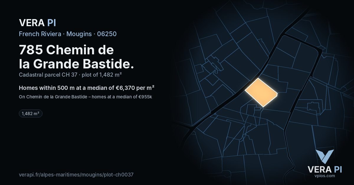 785 Chemin de la Grande Bastide, Mougins at night – the plot lit, the parcels around coloured by the prices near them