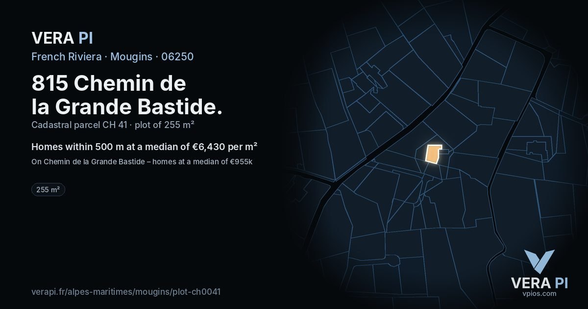815 Chemin de la Grande Bastide, Mougins at night – the plot lit, the parcels around coloured by the prices near them