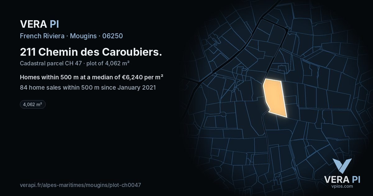 211 Chemin des Caroubiers, Mougins at night – the plot lit, the parcels around coloured by the prices near them