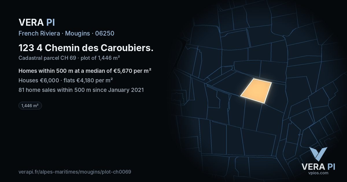 123 4 Chemin des Caroubiers, Mougins at night – the plot lit, the parcels around coloured by the prices near them