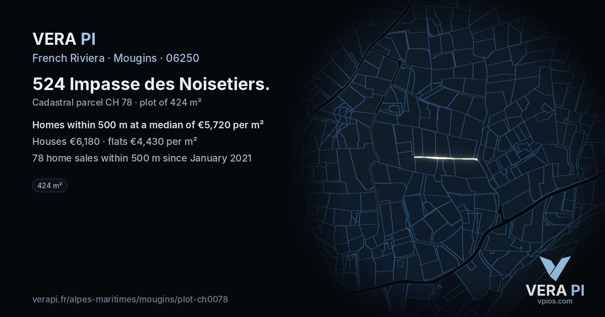 524 Impasse des Noisetiers, Mougins at night – the plot lit, the parcels around coloured by the prices near them