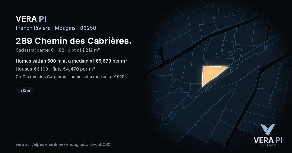 289 Chemin des Cabrières, Mougins at night – the plot lit, the parcels around coloured by the prices near them