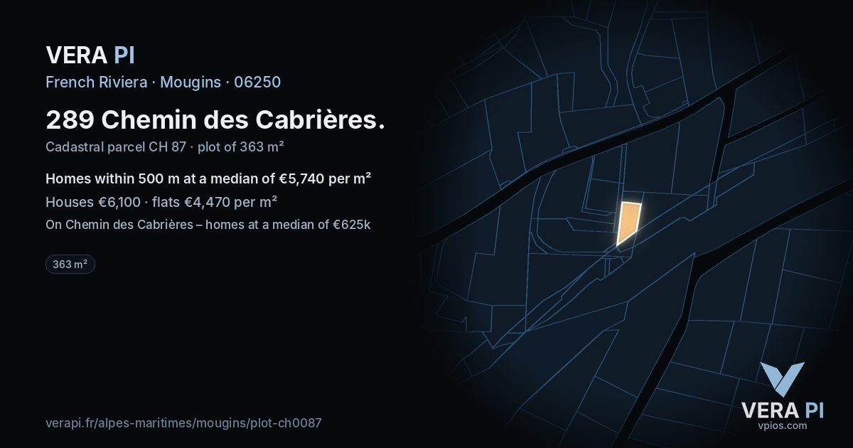 289 Chemin des Cabrières, Mougins at night – the plot lit, the parcels around coloured by the prices near them