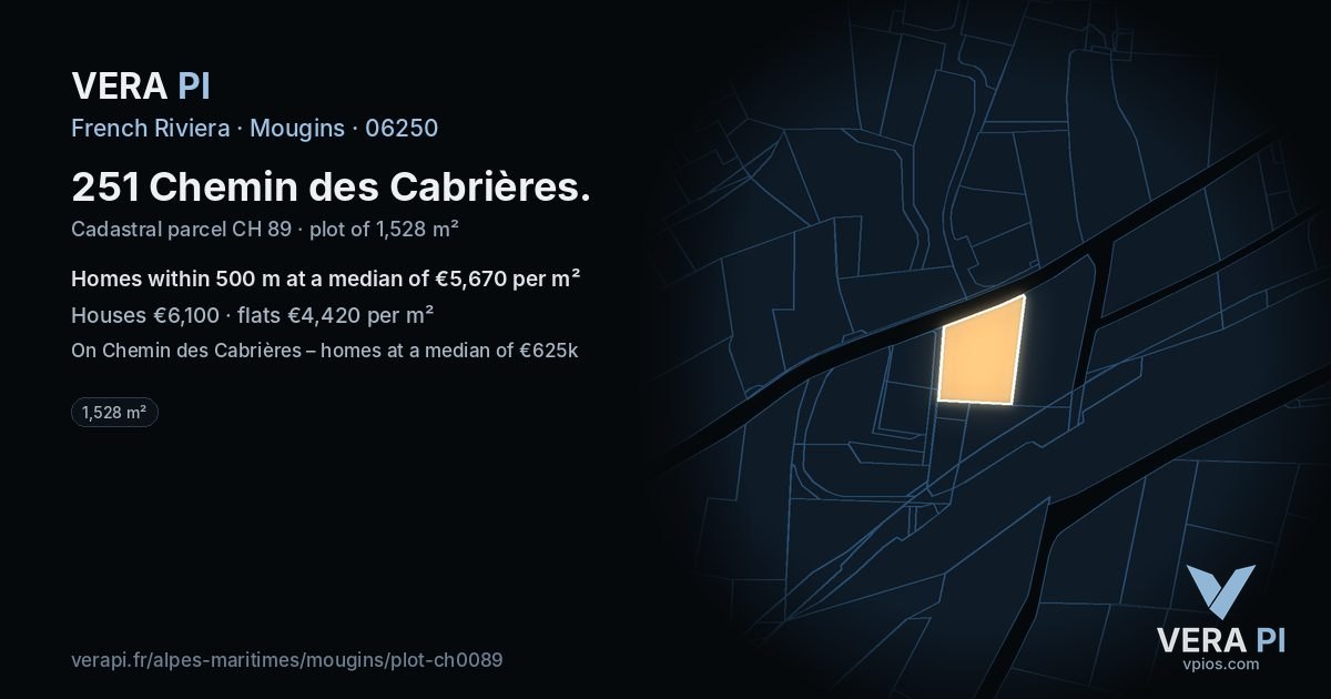 251 Chemin des Cabrières, Mougins at night – the plot lit, the parcels around coloured by the prices near them