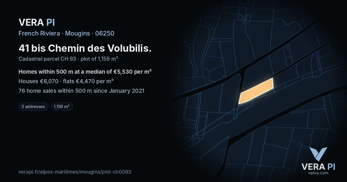 41 bis Chemin des Volubilis, Mougins at night – the plot lit, the parcels around coloured by the prices near them
