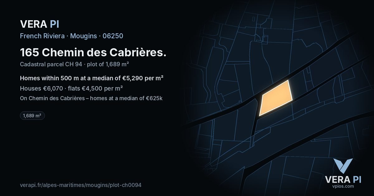 165 Chemin des Cabrières, Mougins at night – the plot lit, the parcels around coloured by the prices near them