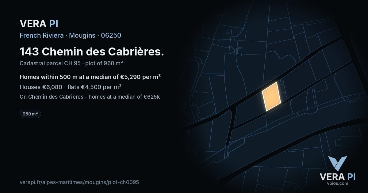 143 Chemin des Cabrières, Mougins at night – the plot lit, the parcels around coloured by the prices near them