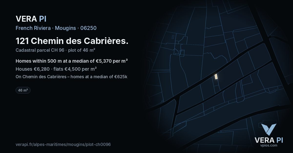 121 Chemin des Cabrières, Mougins at night – the plot lit, the parcels around coloured by the prices near them