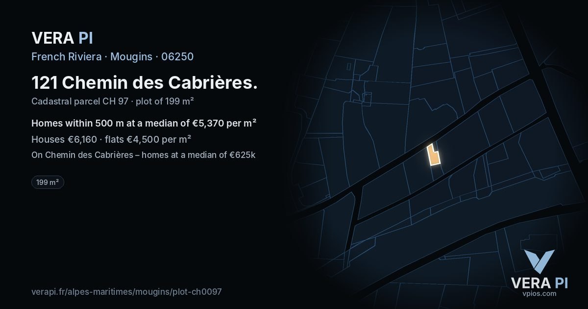 121 Chemin des Cabrières, Mougins at night – the plot lit, the parcels around coloured by the prices near them