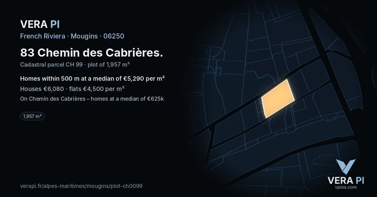 83 Chemin des Cabrières, Mougins at night – the plot lit, the parcels around coloured by the prices near them