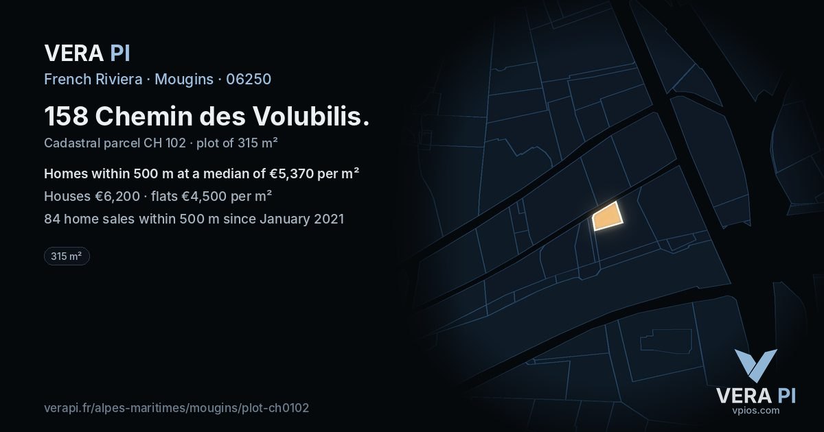 158 Chemin des Volubilis, Mougins at night – the plot lit, the parcels around coloured by the prices near them