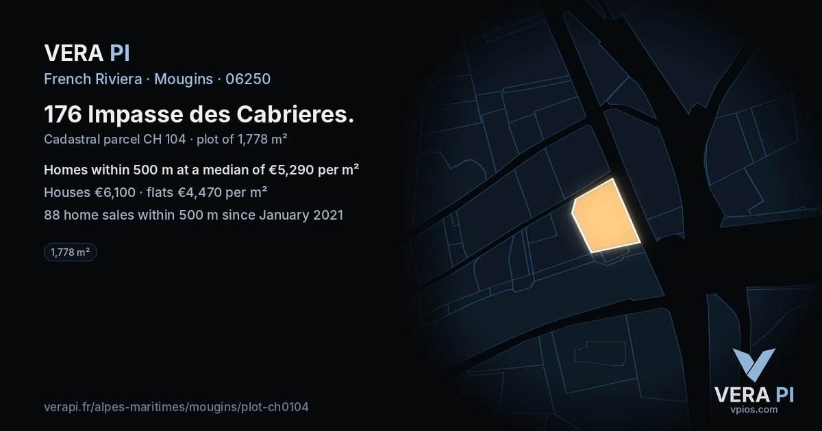 176 Impasse des Cabrieres, Mougins at night – the plot lit, the parcels around coloured by the prices near them