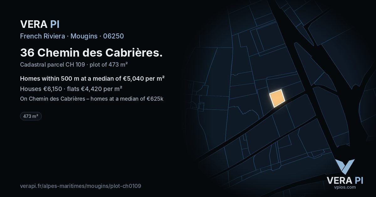 36 Chemin des Cabrières, Mougins at night – the plot lit, the parcels around coloured by the prices near them