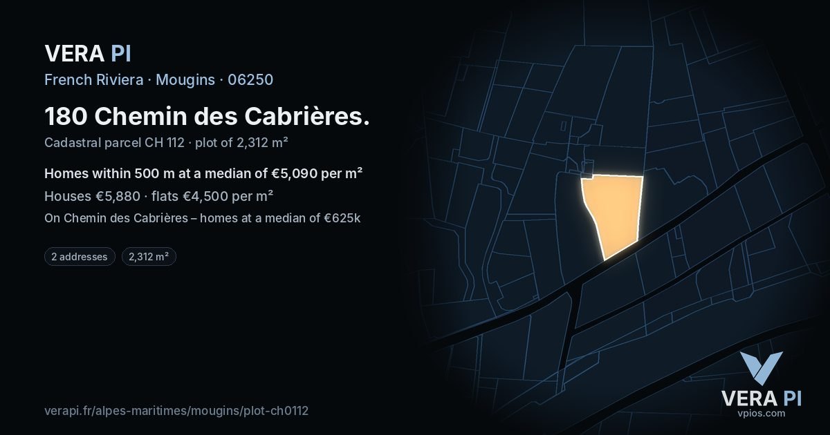 180 Chemin des Cabrières, Mougins at night – the plot lit, the parcels around coloured by the prices near them