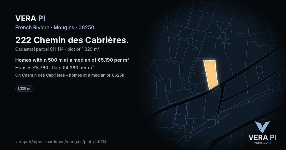 222 Chemin des Cabrières, Mougins at night – the plot lit, the parcels around coloured by the prices near them