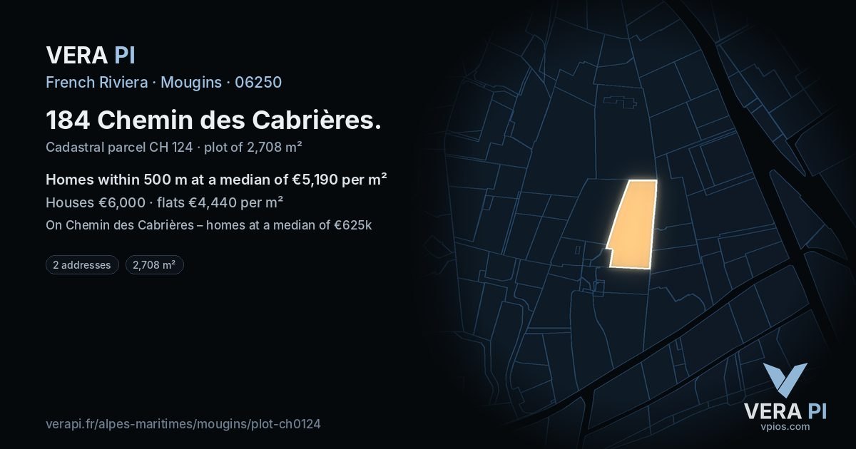 184 Chemin des Cabrières, Mougins at night – the plot lit, the parcels around coloured by the prices near them