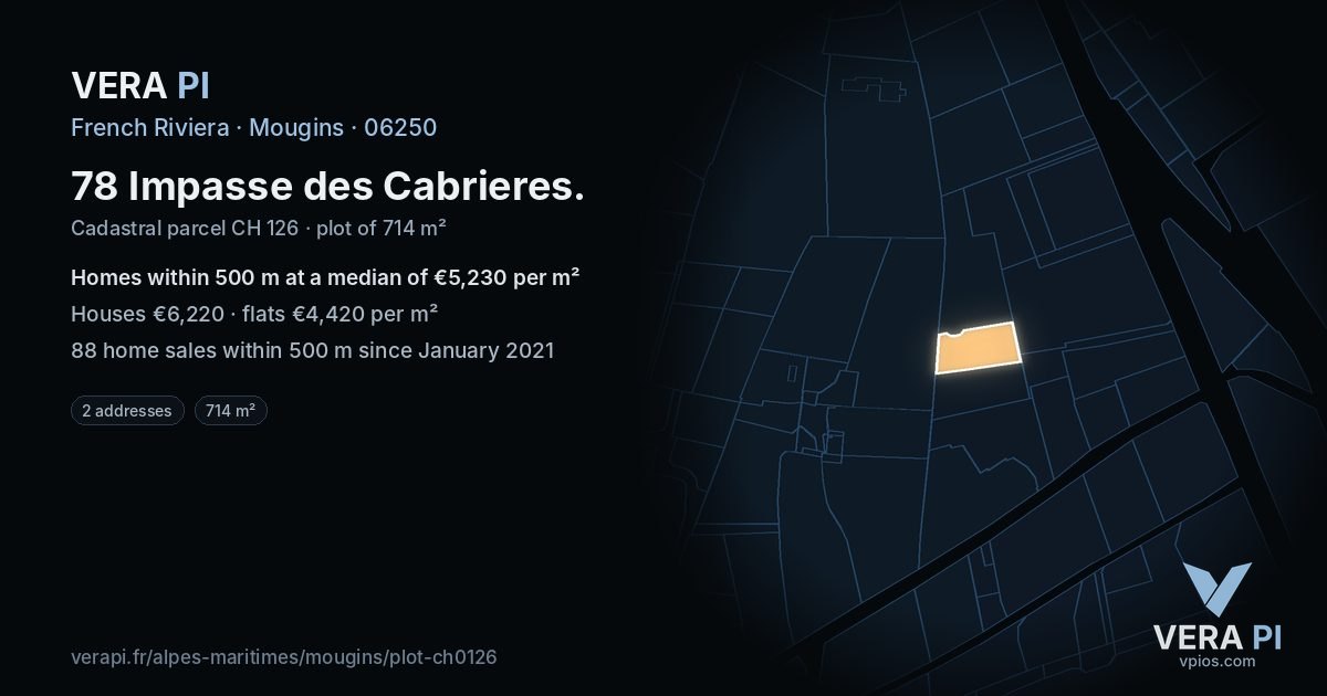 78 Impasse des Cabrieres, Mougins at night – the plot lit, the parcels around coloured by the prices near them