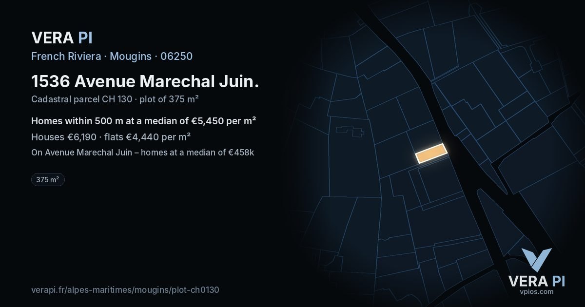 1536 Avenue Marechal Juin, Mougins at night – the plot lit, the parcels around coloured by the prices near them