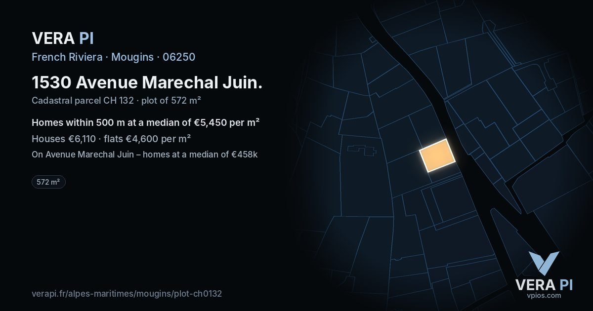 1530 Avenue Marechal Juin, Mougins at night – the plot lit, the parcels around coloured by the prices near them