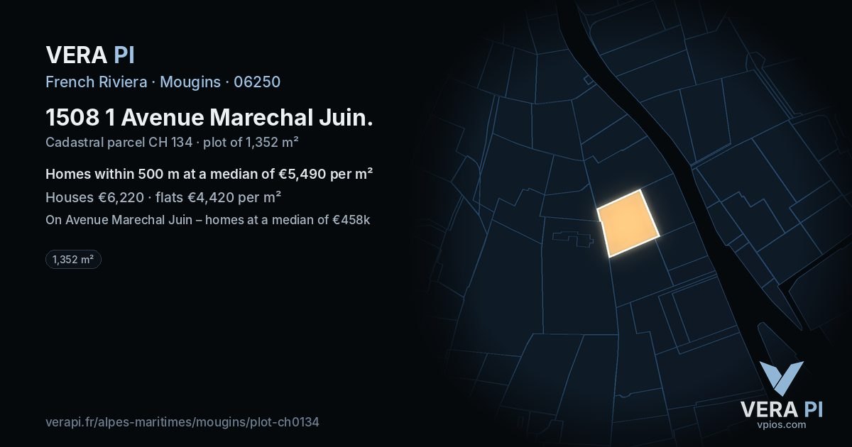 1508 1 Avenue Marechal Juin, Mougins at night – the plot lit, the parcels around coloured by the prices near them