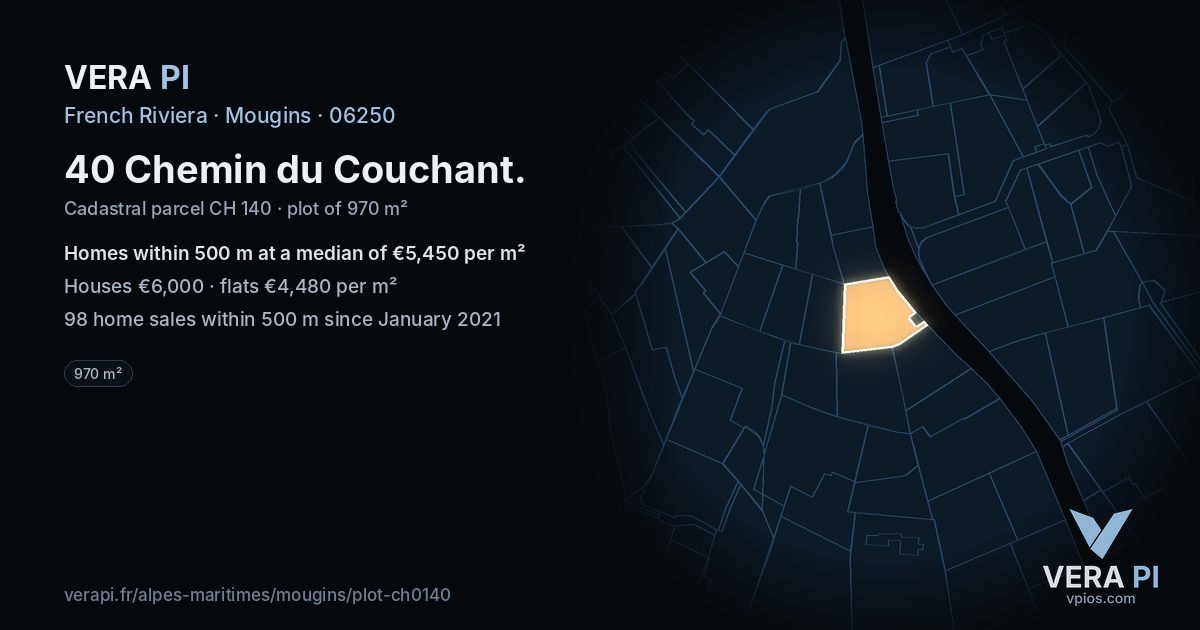 40 Chemin du Couchant, Mougins at night – the plot lit, the parcels around coloured by the prices near them