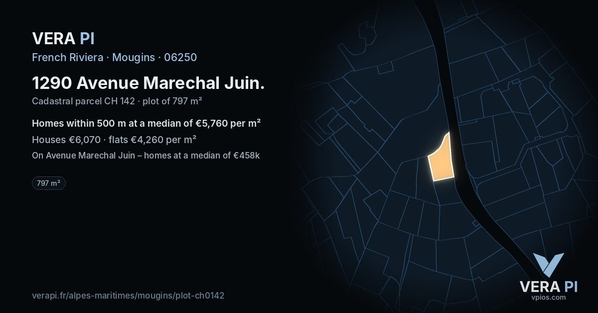 1290 Avenue Marechal Juin, Mougins at night – the plot lit, the parcels around coloured by the prices near them