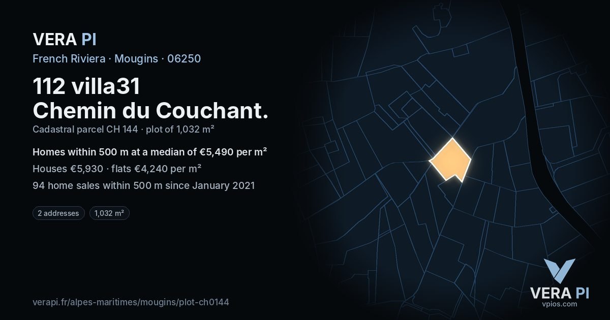 112 villa31 Chemin du Couchant, Mougins at night – the plot lit, the parcels around coloured by the prices near them