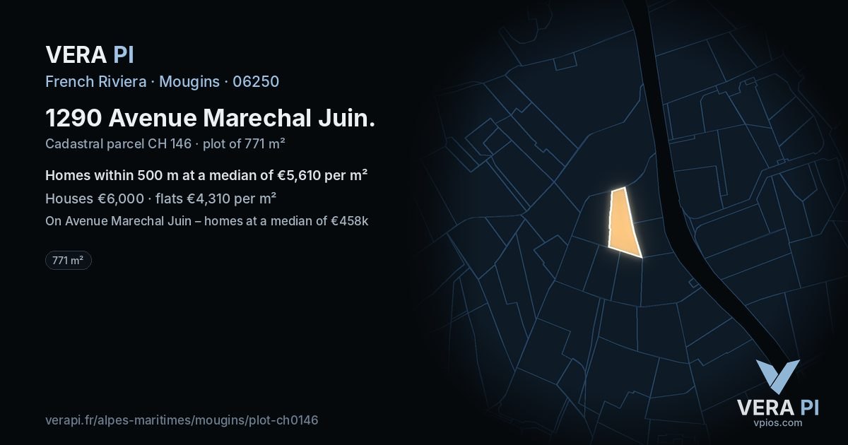 1290 Avenue Marechal Juin, Mougins at night – the plot lit, the parcels around coloured by the prices near them