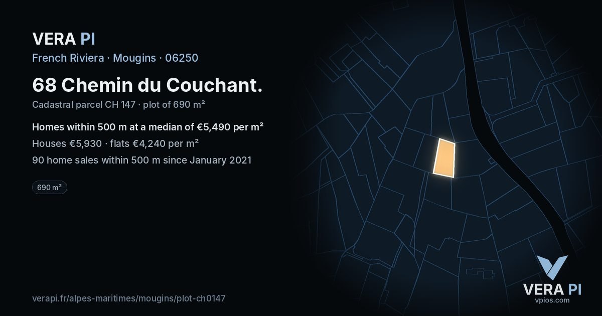 68 Chemin du Couchant, Mougins at night – the plot lit, the parcels around coloured by the prices near them
