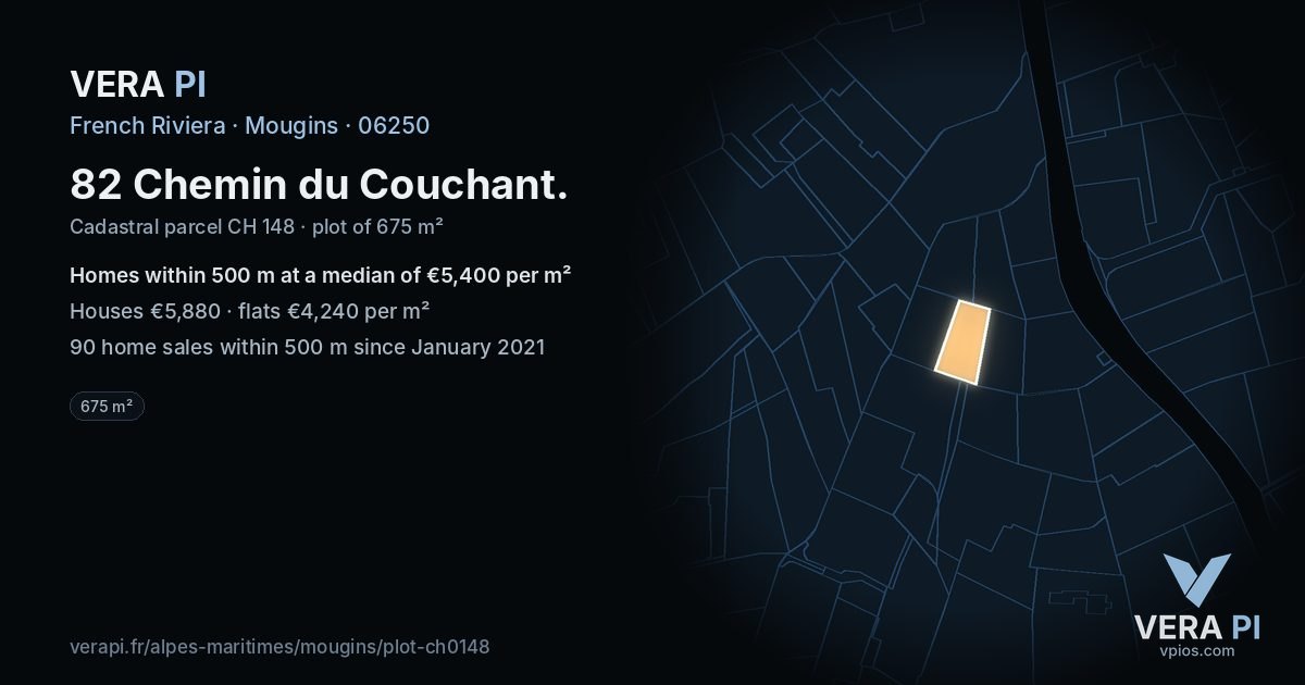 82 Chemin du Couchant, Mougins at night – the plot lit, the parcels around coloured by the prices near them