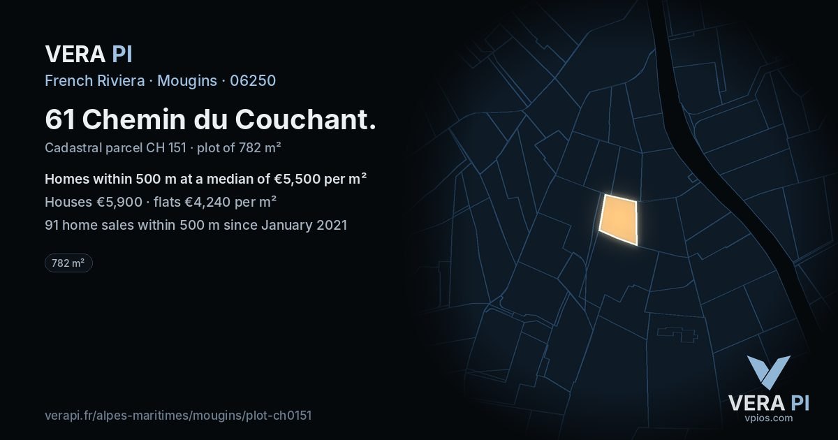 61 Chemin du Couchant, Mougins at night – the plot lit, the parcels around coloured by the prices near them