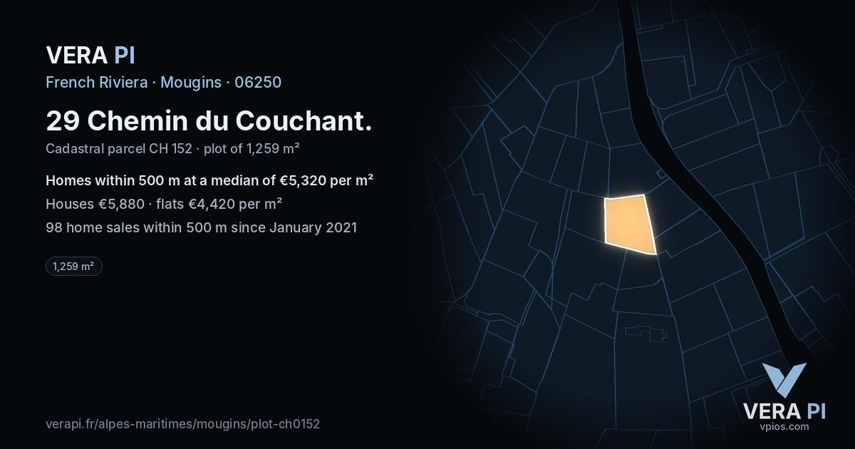 29 Chemin du Couchant, Mougins at night – the plot lit, the parcels around coloured by the prices near them