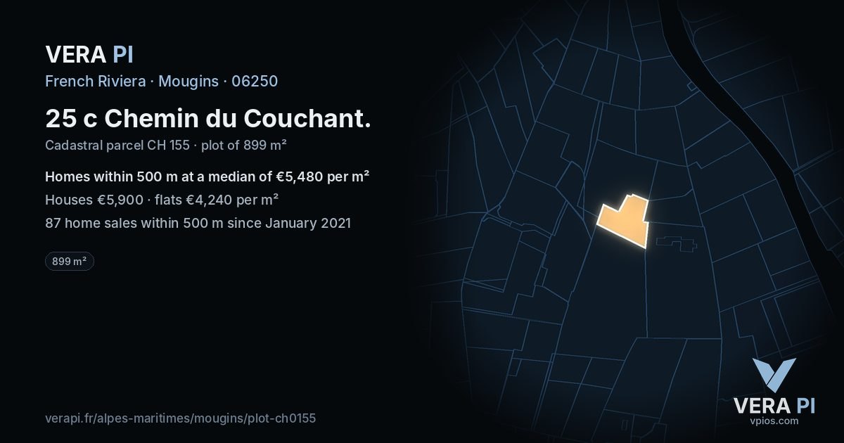 25 c Chemin du Couchant, Mougins at night – the plot lit, the parcels around coloured by the prices near them