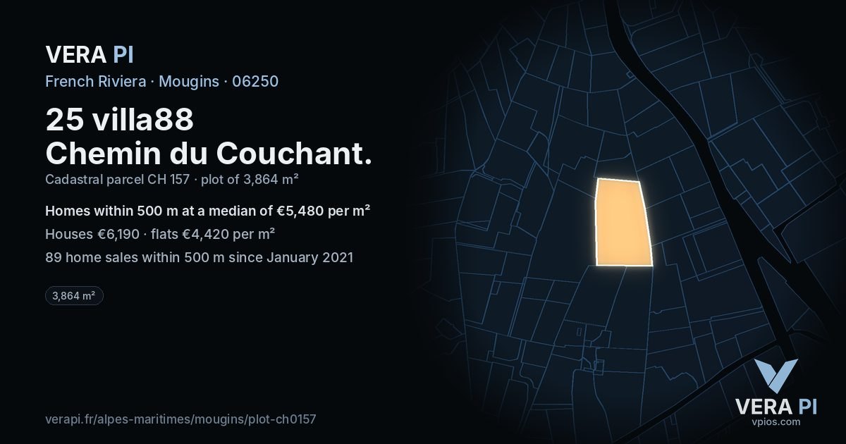 25 villa88 Chemin du Couchant, Mougins at night – the plot lit, the parcels around coloured by the prices near them