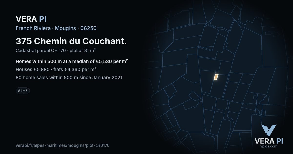 375 Chemin du Couchant, Mougins at night – the plot lit, the parcels around coloured by the prices near them