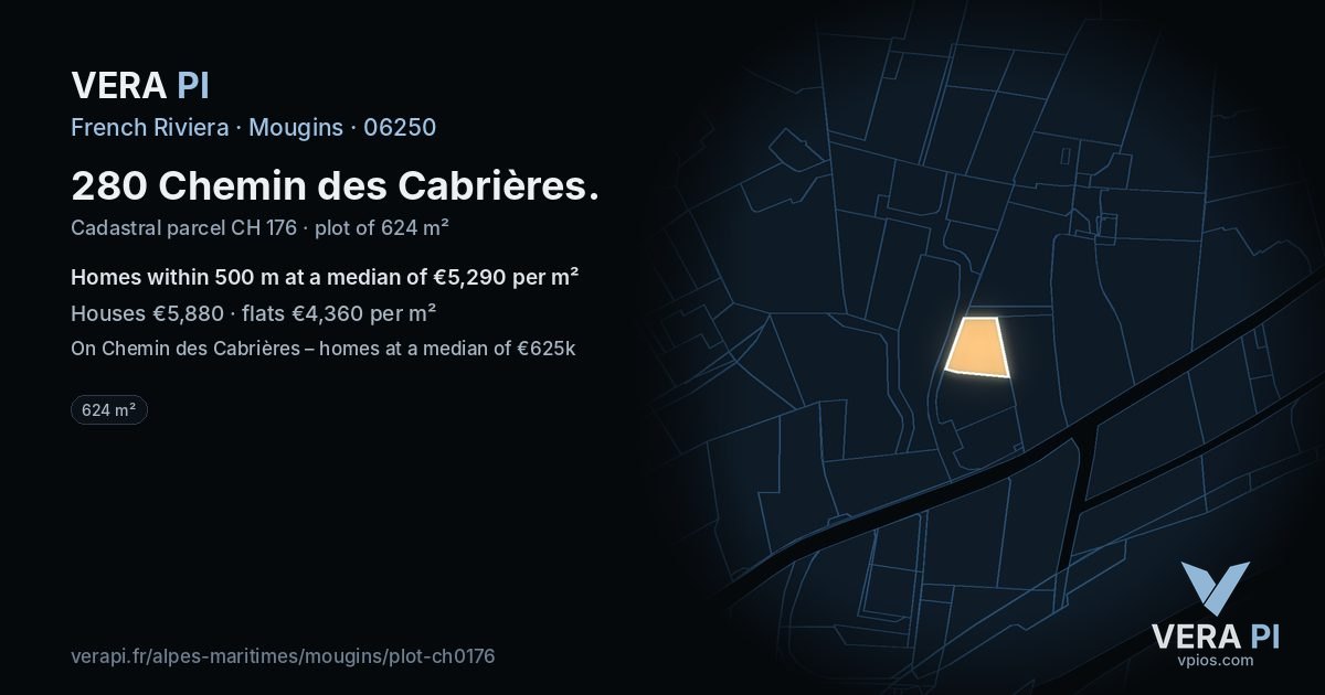 280 Chemin des Cabrières, Mougins at night – the plot lit, the parcels around coloured by the prices near them