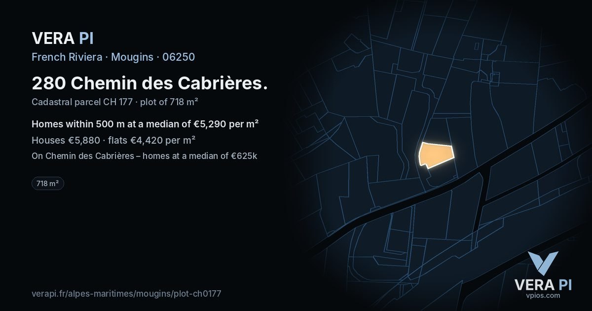 280 Chemin des Cabrières, Mougins at night – the plot lit, the parcels around coloured by the prices near them