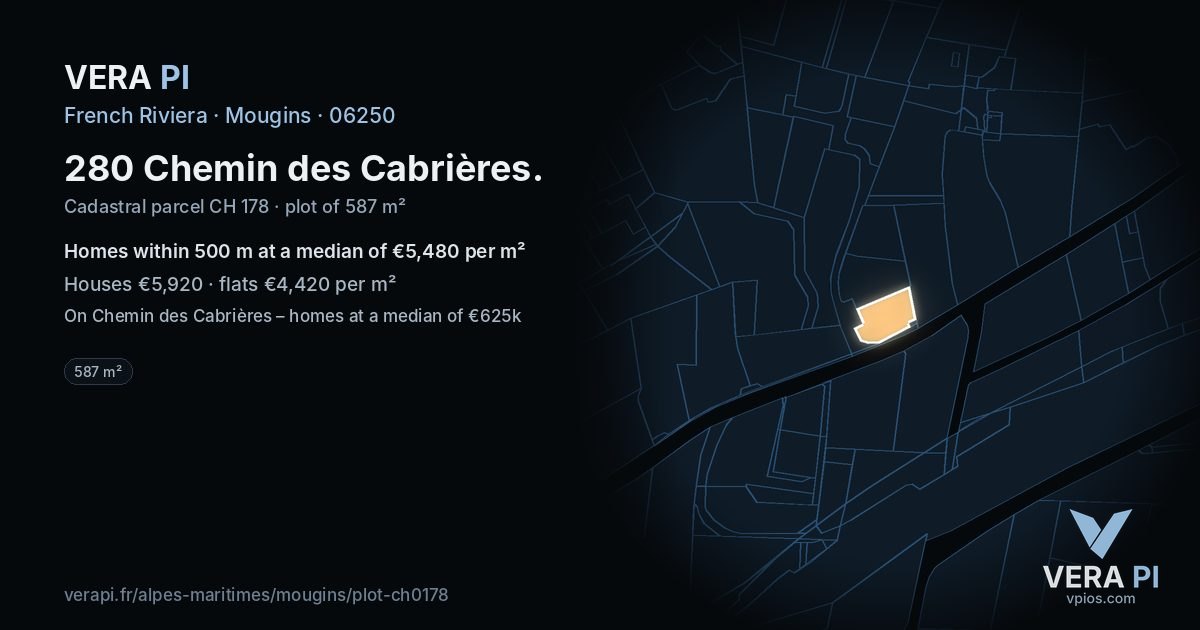 280 Chemin des Cabrières, Mougins at night – the plot lit, the parcels around coloured by the prices near them