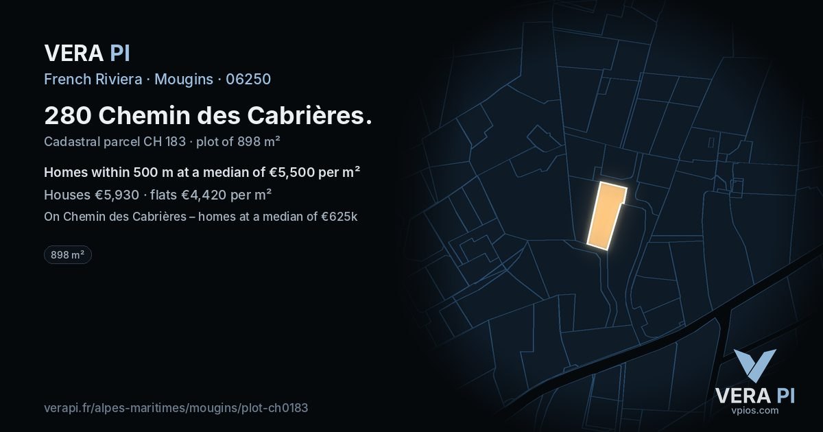 280 Chemin des Cabrières, Mougins at night – the plot lit, the parcels around coloured by the prices near them