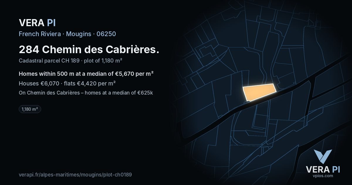 284 Chemin des Cabrières, Mougins at night – the plot lit, the parcels around coloured by the prices near them